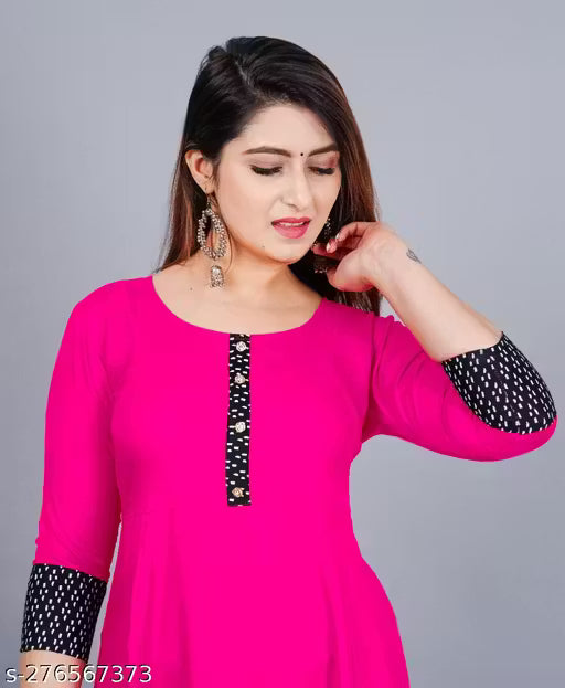 Ultra Women's Solid Printed Round Pleated Flared Kurti (Pink)
