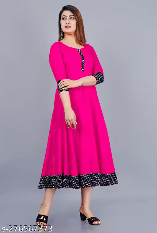 Ultra Women's Solid Printed Round Pleated Flared Kurti (Pink)