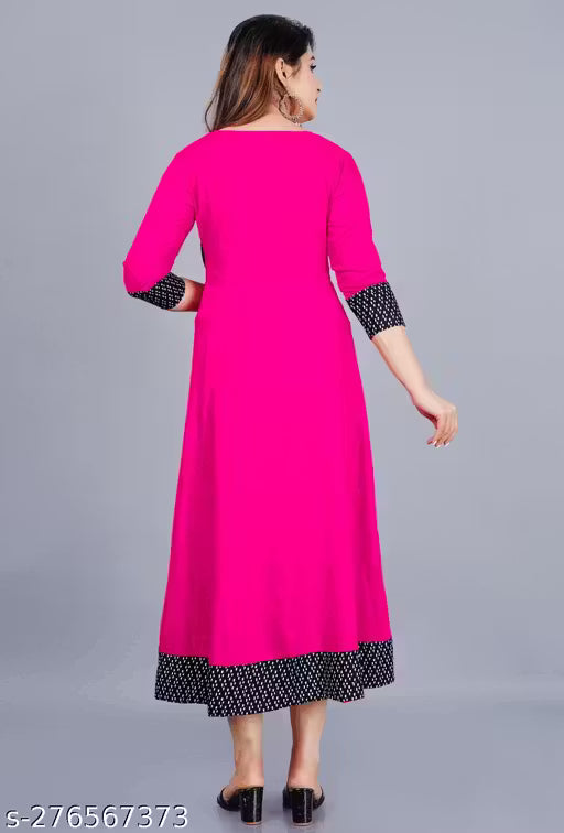 Ultra Women's Solid Printed Round Pleated Flared Kurti (Pink)