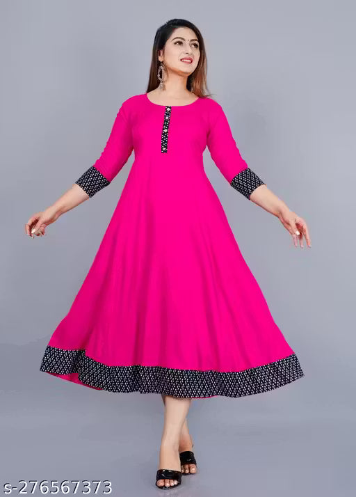 Ultra Women's Solid Printed Round Pleated Flared Kurti (Pink)