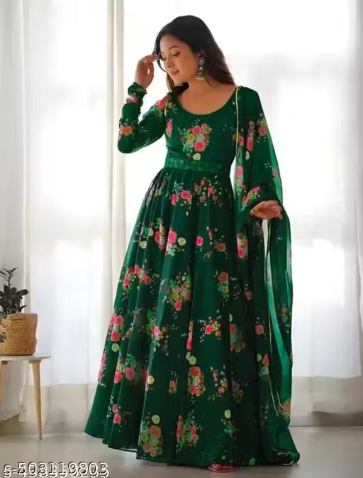 Flower Print Long Gown With Dupatta (No Bottomwear)