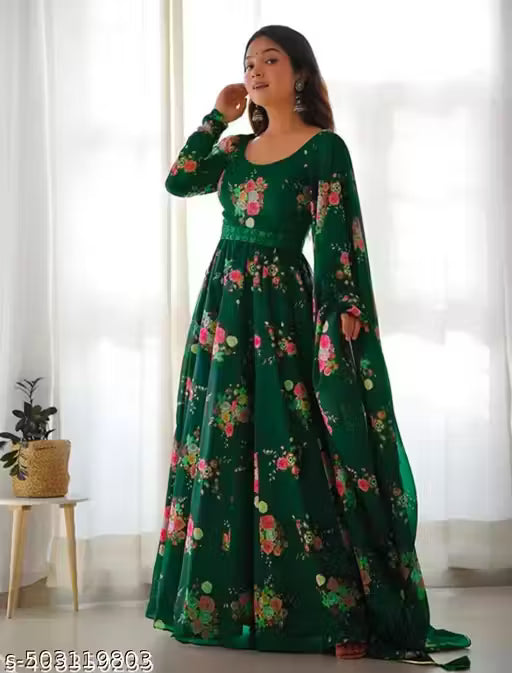Flower Print Long Gown With Dupatta (No Bottomwear)